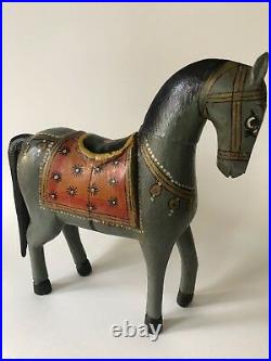 Antique Folk Art Wooden Horse Hand Painted Wood Figurine Handmade Gray Vintage