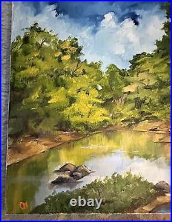 Antique Folk Art painting Oil On Canvas- Person Sitting Beside Lake Upstate NY