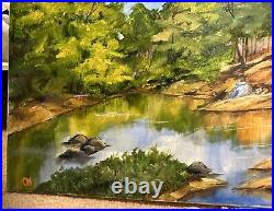 Antique Folk Art painting Oil On Canvas- Person Sitting Beside Lake Upstate NY