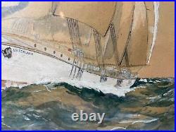 Antique Folk Art realism nautical Vaterland Sailing ship watercolor painting art