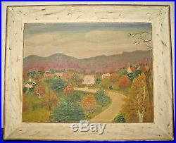 Antique Folk Art signed Esther Car(unreadable) Village oil painting framed