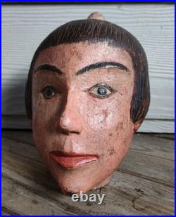 Antique Folk Hand Carved Head of an Oriental Woman in Original Paint
