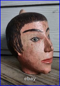 Antique Folk Hand Carved Head of an Oriental Woman in Original Paint