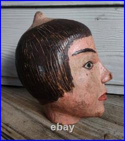 Antique Folk Hand Carved Head of an Oriental Woman in Original Paint