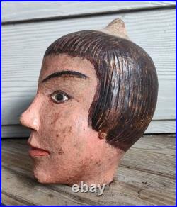 Antique Folk Hand Carved Head of an Oriental Woman in Original Paint