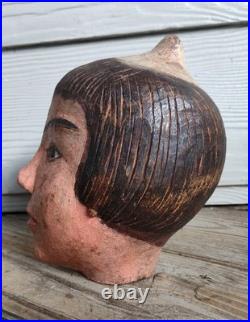 Antique Folk Hand Carved Head of an Oriental Woman in Original Paint