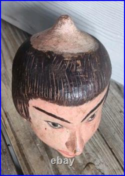 Antique Folk Hand Carved Head of an Oriental Woman in Original Paint