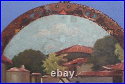 Antique Folk oil painting rural landscape, painted on pyrogpraphy wood plate