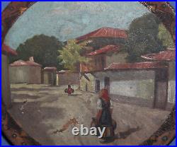 Antique Folk oil painting rural landscape, painted on pyrogpraphy wood plate
