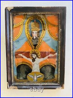 Antique Framed Christian Eglomise Reverse Painting Glass Portrait Christ Jesus