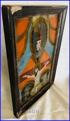 Antique Framed Christian Eglomise Reverse Painting Glass Portrait Christ Jesus