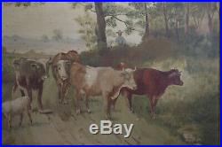 Antique Framed Folk Art Oil Painting Landscape Country Side Cow Pasture Scene