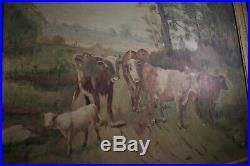 Antique Framed Folk Art Oil Painting Landscape Country Side Cow Pasture Scene