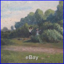 Antique French Painting Naive Folk Art Landscape Children Playing, Paris, Signed