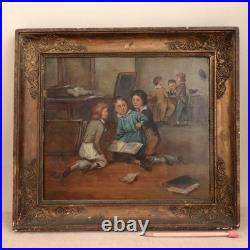 Antique French School Painting Children Playing Student Classroom Genre Folk Art