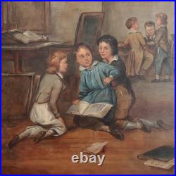Antique French School Painting Children Playing Student Classroom Genre Folk Art