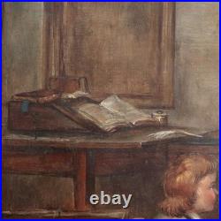 Antique French School Painting Children Playing Student Classroom Genre Folk Art
