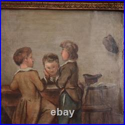Antique French School Painting Children Playing Student Classroom Genre Folk Art