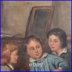 Antique French School Painting Children Playing Student Classroom Genre Folk Art
