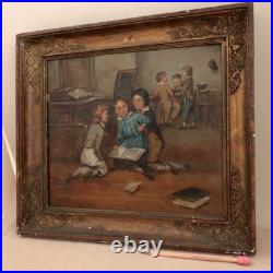 Antique French School Painting Children Playing Student Classroom Genre Folk Art