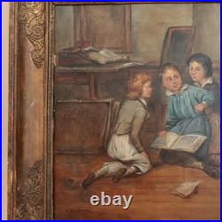 Antique French School Painting Children Playing Student Classroom Genre Folk Art