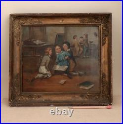 Antique French School Painting Children Playing Student Classroom Genre Folk Art