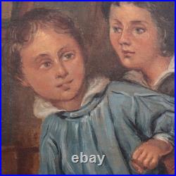 Antique French School Painting Children Playing Student Classroom Genre Folk Art