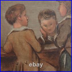 Antique French School Painting Children Playing Student Classroom Genre Folk Art