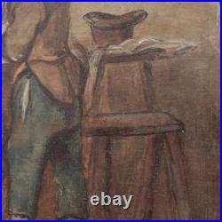 Antique French School Painting Children Playing Student Classroom Genre Folk Art