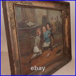 Antique French School Painting Children Playing Student Classroom Genre Folk Art