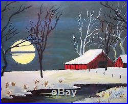 Antique H Bishop Original Watercolor Christmas Folk Art Moonlight House Painting