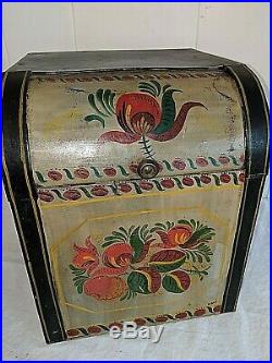Antique Hand Painted Tole Decorated Tin Folk Art Canister Bin Box Sliding Lid
