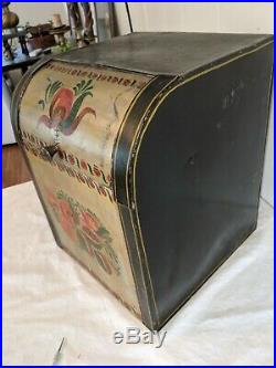Antique Hand Painted Tole Decorated Tin Folk Art Canister Bin Box Sliding Lid