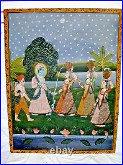 Antique Indian Folk Art Pichwai Painting on Fabric Cloth 44 Maidens Water India