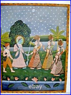 Antique Indian Folk Art Pichwai Painting on Fabric Cloth 44 Maidens Water India