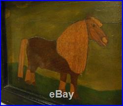 Antique Inlaid Marquetry Shetland Pony Horse Picture Folk Art Primitive Naive