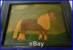 Antique Inlaid Marquetry Shetland Pony Horse Picture Folk Art Primitive Naive