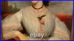 Antique LG 19C Folk Art Portrait of Woman in Puffy Dress Painting