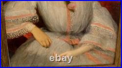 Antique LG 19C Folk Art Portrait of Woman in Puffy Dress Painting