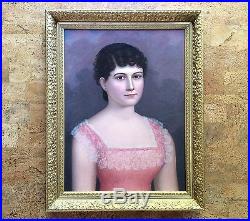 Antique Late Victorian Portrait Oil Painting of Young Woman American Folk Art