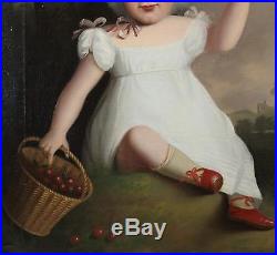 Antique Life Size Folk Art Portrait O/C Oil Painting Young Girl with Cherries, NR