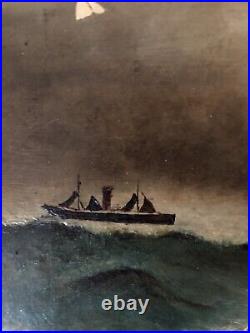 Antique Maritime Folk Art Lighthouse Ships Seascape Oil Painting