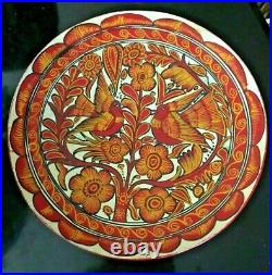Antique Mexican PLATTER Hand painted Red Clay Pottery Folk Art Red Birds 13 Dia