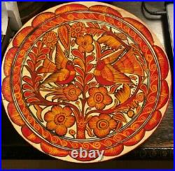 Antique Mexican PLATTER Hand painted Red Clay Pottery Folk Art Red Birds 13 Dia