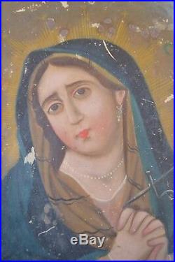 Antique Mexican Retablo Folk Art Painting Tin Blessed Mother 14x10 Crown Thorns
