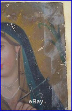 Antique Mexican Retablo Folk Art Painting Tin Blessed Mother 14x10 Crown Thorns