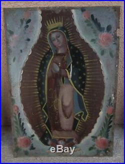 Antique Mexican Retablo Folk Art Painting on Tin - GUADALUPE 10X7