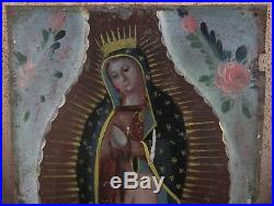 Antique Mexican Retablo Folk Art Painting on Tin - GUADALUPE 10X7