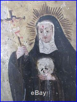 Antique Mexican Retablo or Icon Folk Painting on Tin Saint Rita St. Of Mothers