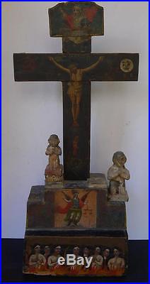 Antique Mexican Spanish c. 1750 Christ Crucifixion Folk Art Retablo Wood Painting